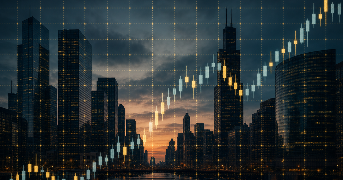 Candlestick Nasdaq-100 futures chart over the Chicago skyline at dusk