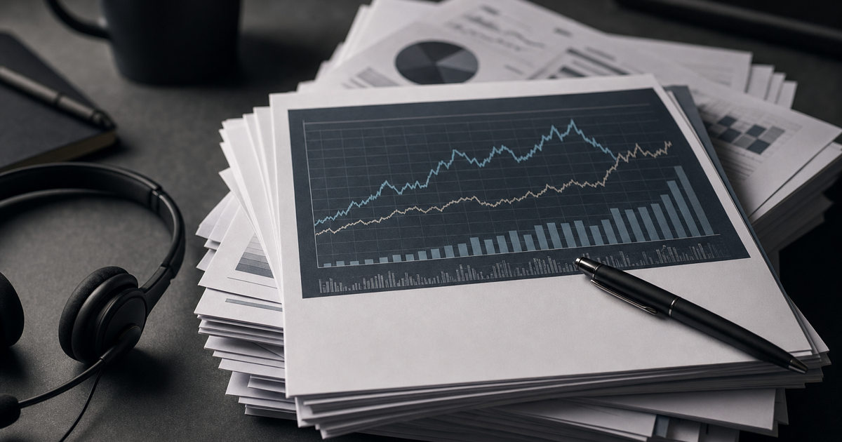 Printed earnings release and a stock chart beside a conference call schedule on a desk