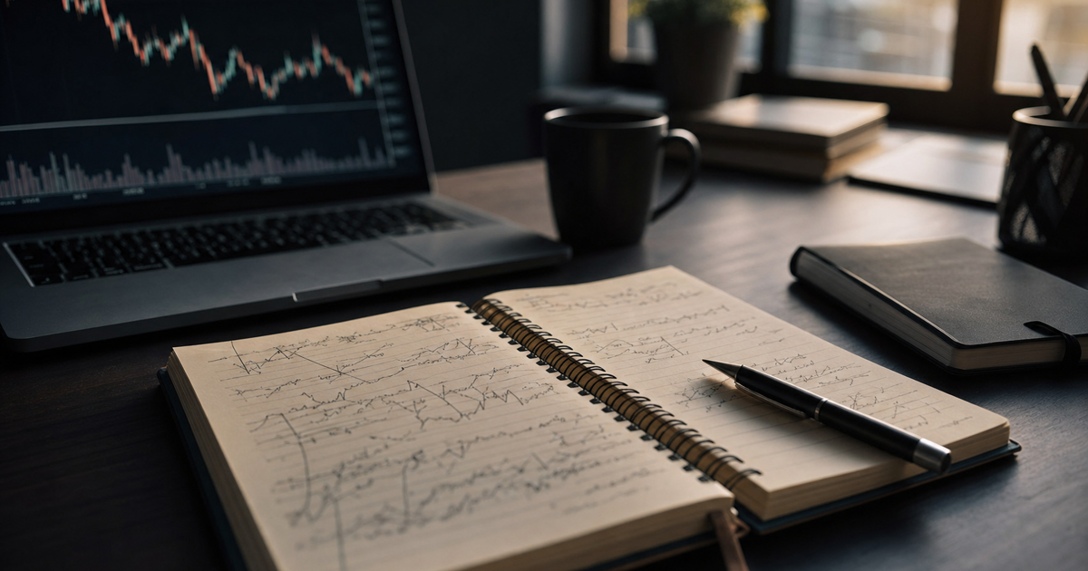 Open notebook with handwritten trade review notes next to a laptop displaying charts and bar graphs on a trader’s desk, natural light, no logos.