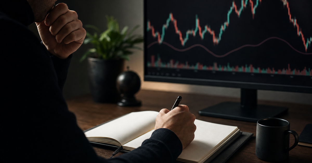 A trader logging a late entry in a decision journal beside a market screen.