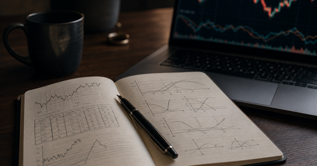 An open trading journal and pen beside a laptop showing abstract market charts.