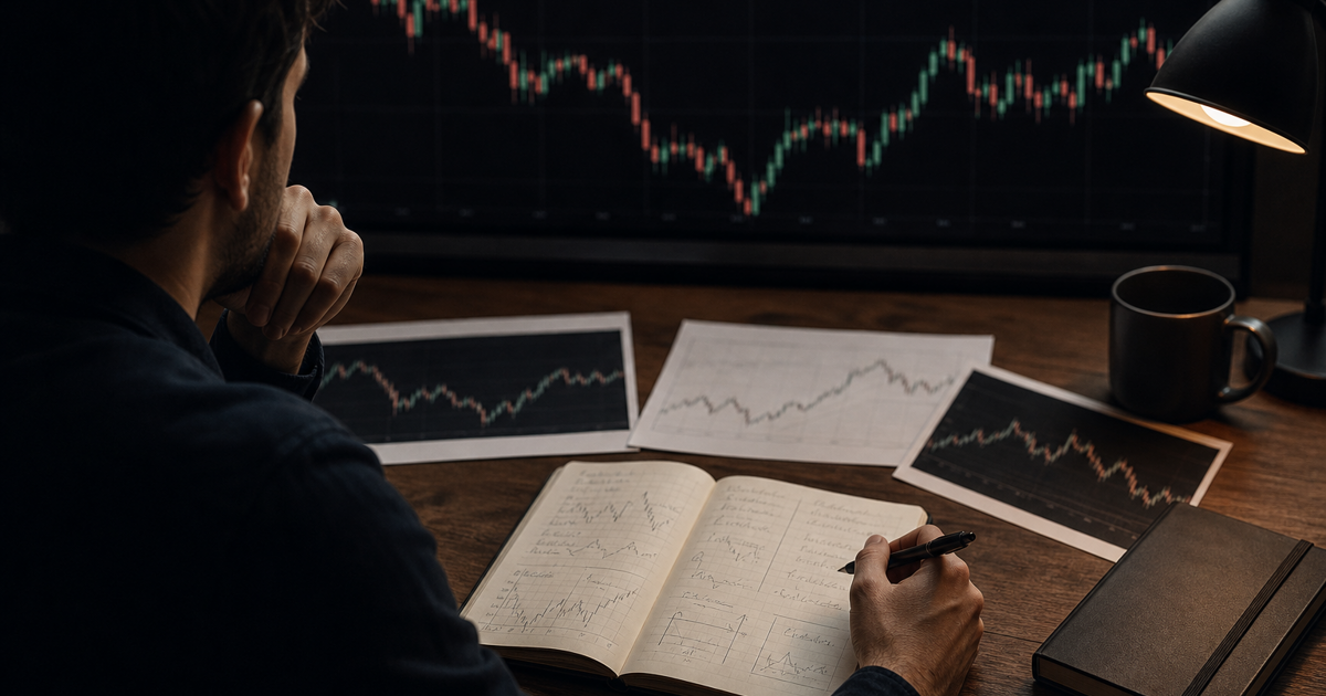 A trader reviews a candlestick chart beside notes comparing possible stop and target fills.