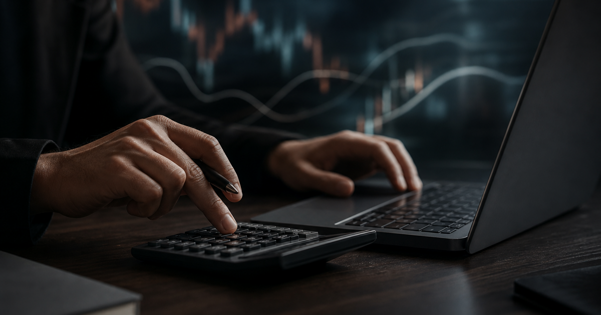 Calculator beside a laptop displaying abstract market charts