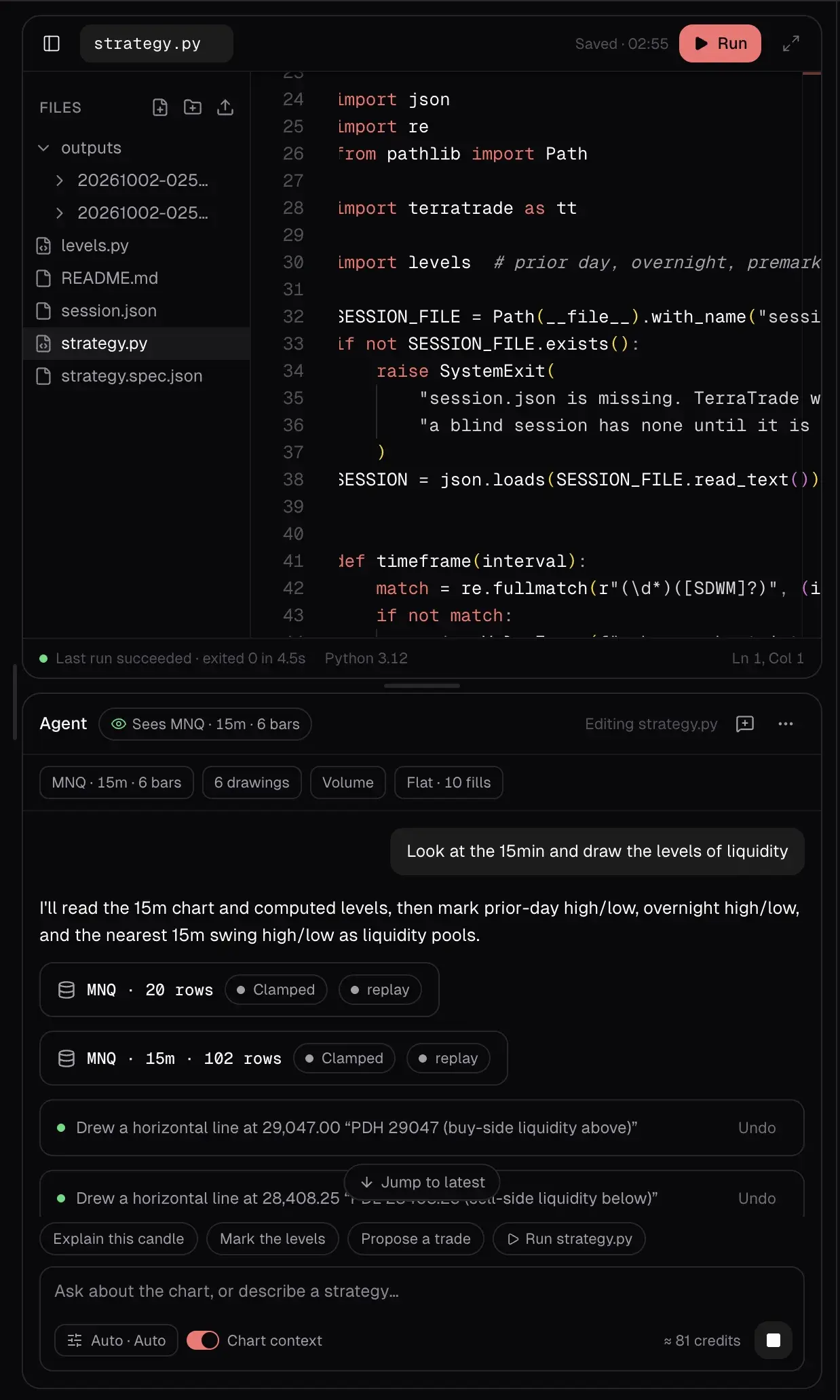 The Advanced panel: a code editor with a file tree and strategy.py open, saved, with a Run button and a status line reading last run succeeded, exited 0 in 4.5 seconds. The agent pane sits underneath.