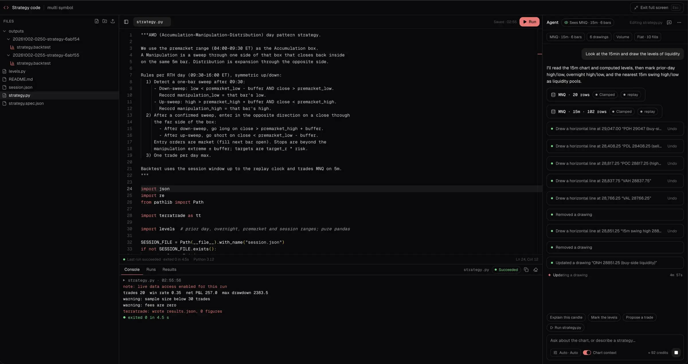 The full-screen coding view: project files on the left, the code editor with Console, Runs and Results tabs in the middle, the agent on the right, and an Exit full screen (Esc) button at the top.