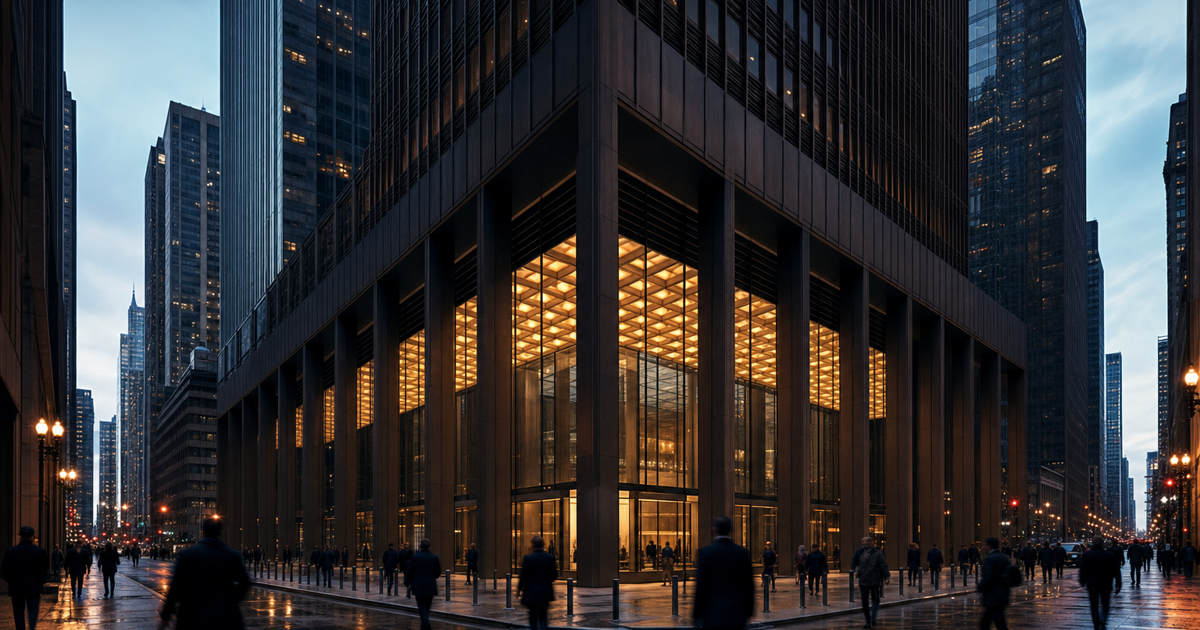 Street-level view of the Chicago Mercantile Exchange building at dusk with people walking by