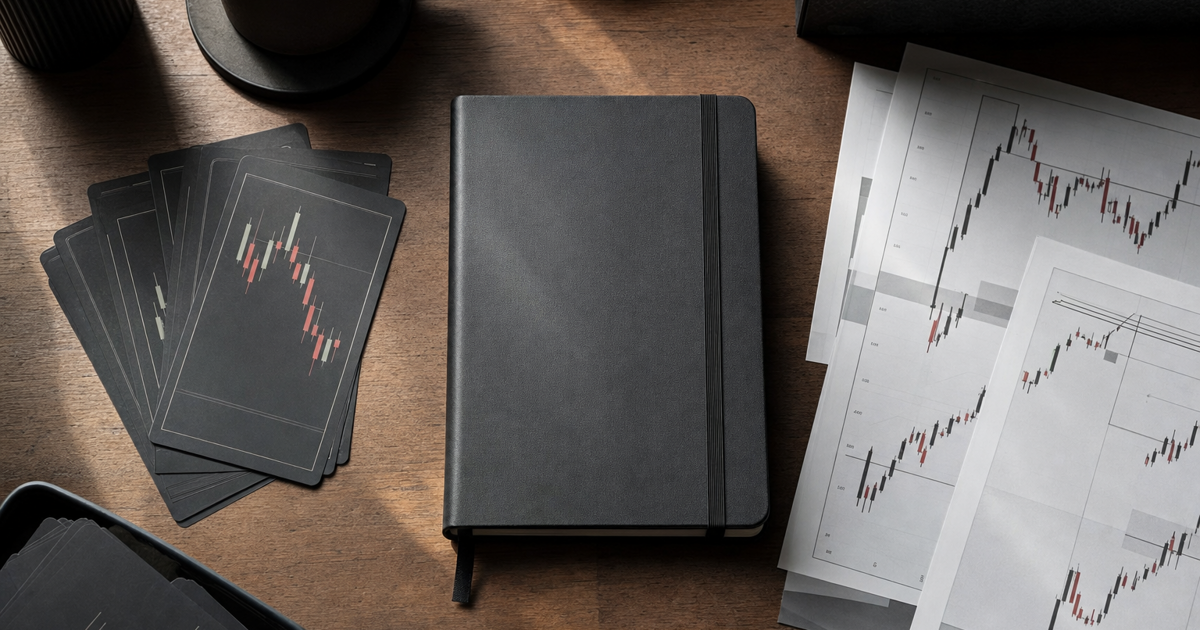 Overhead view of a tidy desk with a trading notebook of setup cards alongside printed candlestick charts