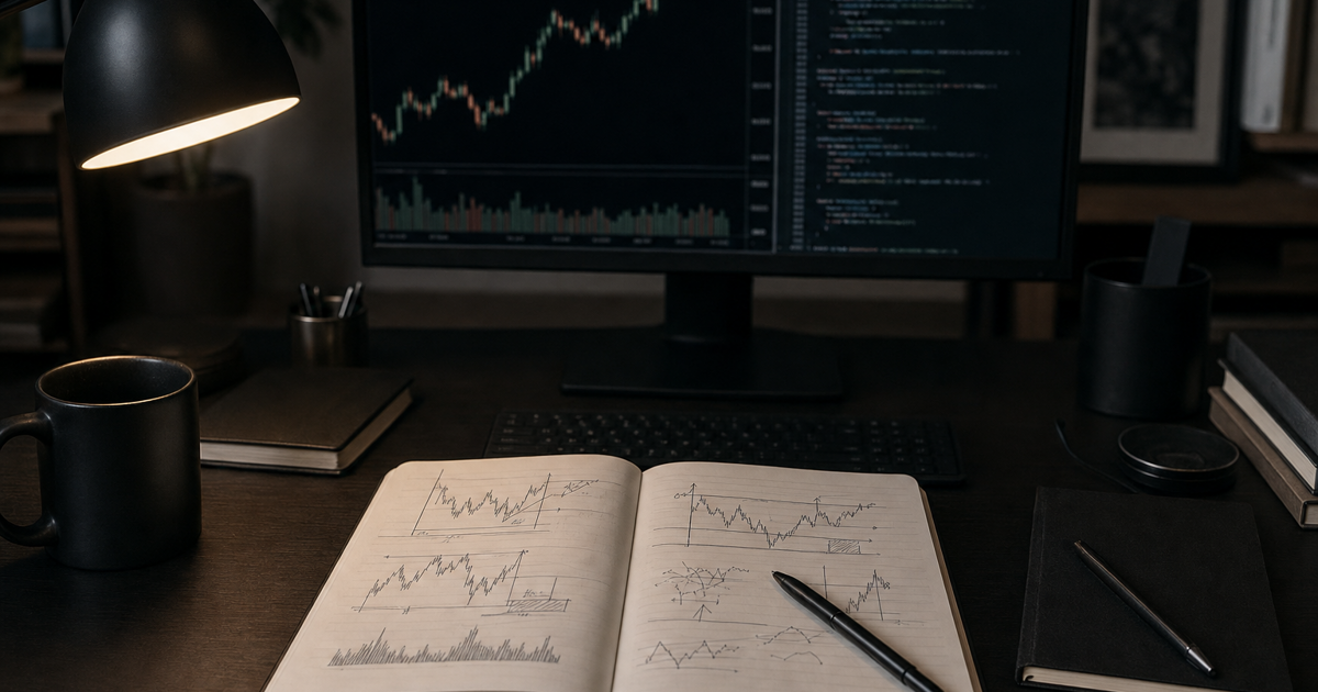 A desk showing handwritten trade notes next to a computer with historical charts and code for backtesting, no visible logos.