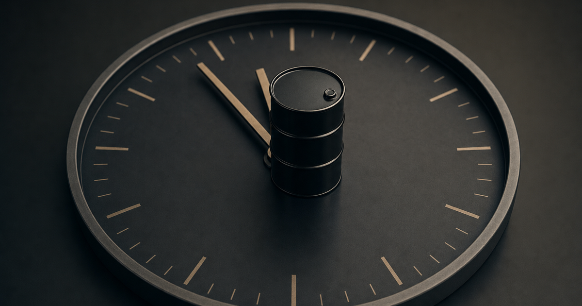 Small black oil barrel resting on a minimalist 24‑hour clock face indicating overnight hours