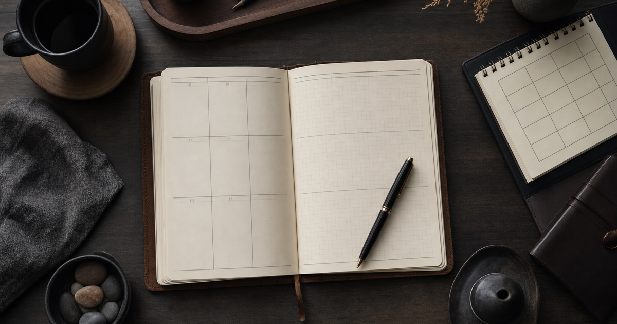 Overhead view of a desk with an open paper trading journal showing a weekly plan, a pen, and a calendar