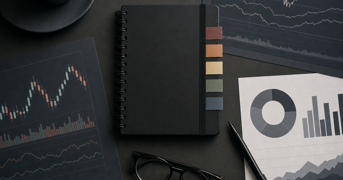 A notebook with neatly organized labels next to a simple analytics printout and a pen