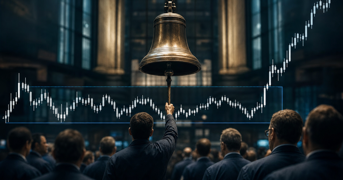 Opening bell scene with an intraday chart showing a breakout from the first 15-minute range.