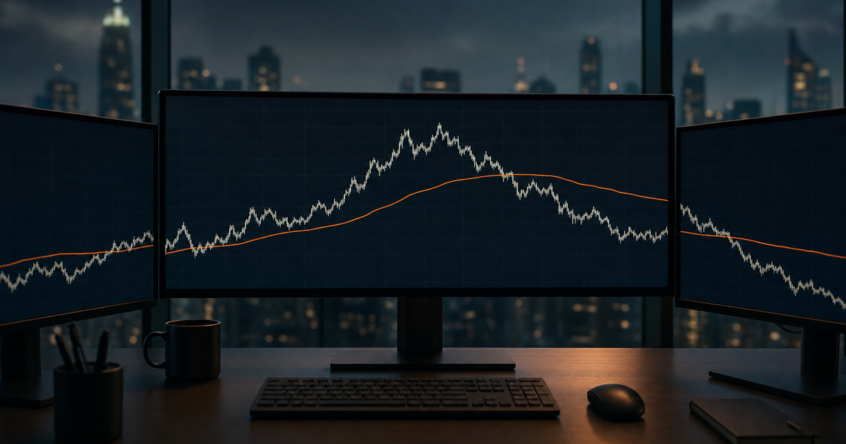 A multi-monitor trading desk showing an intraday stock chart with a VWAP line overlaid.