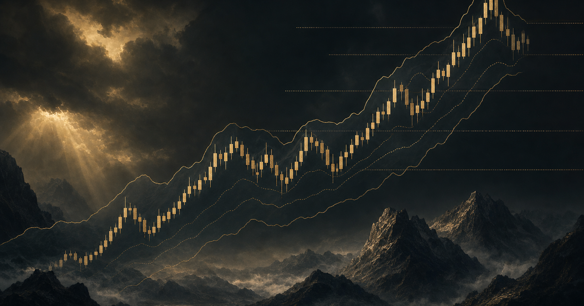 Uptrend chart with pullbacks marked by Fibonacci retracements and ATR‑based stops.
