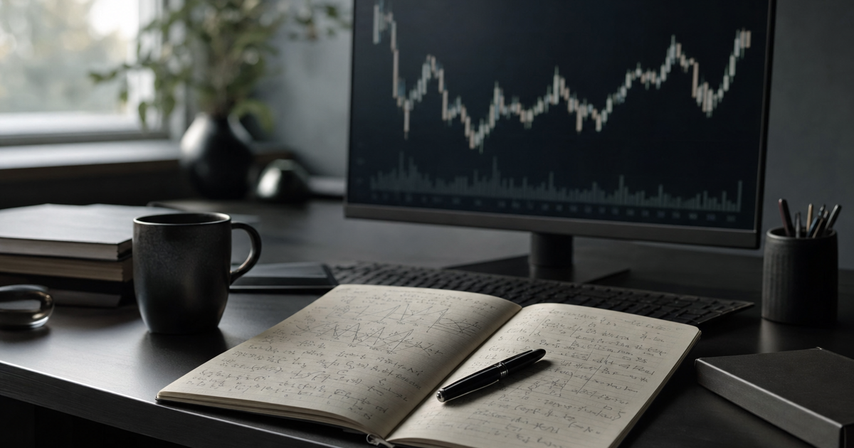 A math notebook with expectancy formulas open beside a laptop displaying a simple candlestick chart.