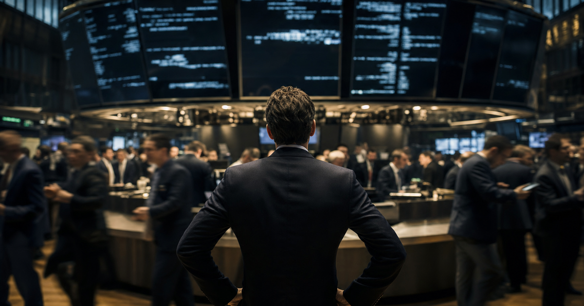 NYSE floor with traders looking up at screens showing scheduled economic data times.