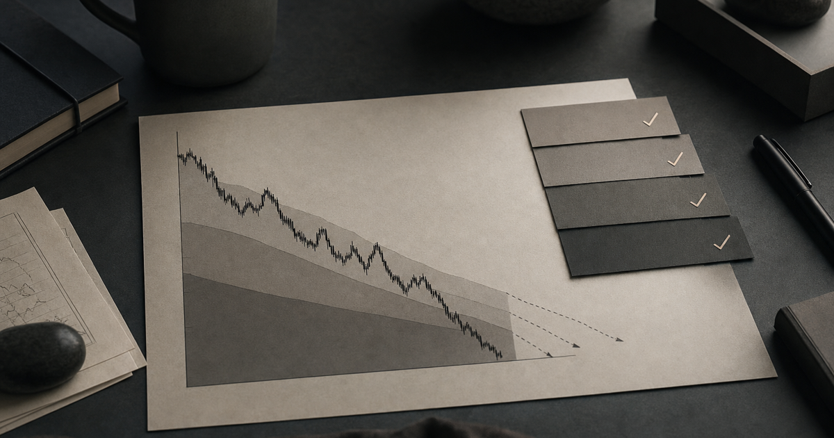A trader’s notebook listing tiered drawdown rules beside a downward equity chart and checklist.