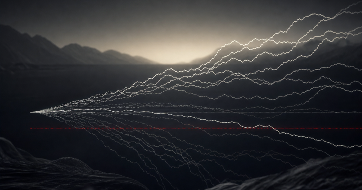 Editorial graphic of multiple equity curves with a horizontal ruin threshold line.