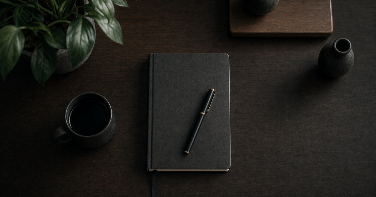 A calm trading desk with a journal, pen, and coffee in natural morning light.