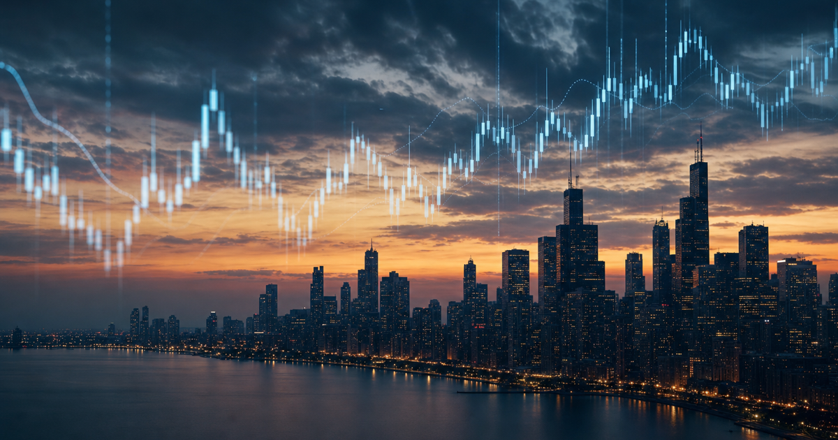 Chicago skyline with a transparent Nasdaq futures chart overlay