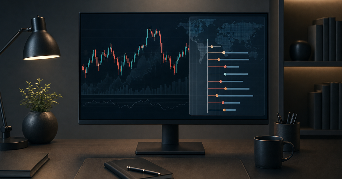 Trading screen with a candlestick chart and a time‑blocked economic calendar overlay