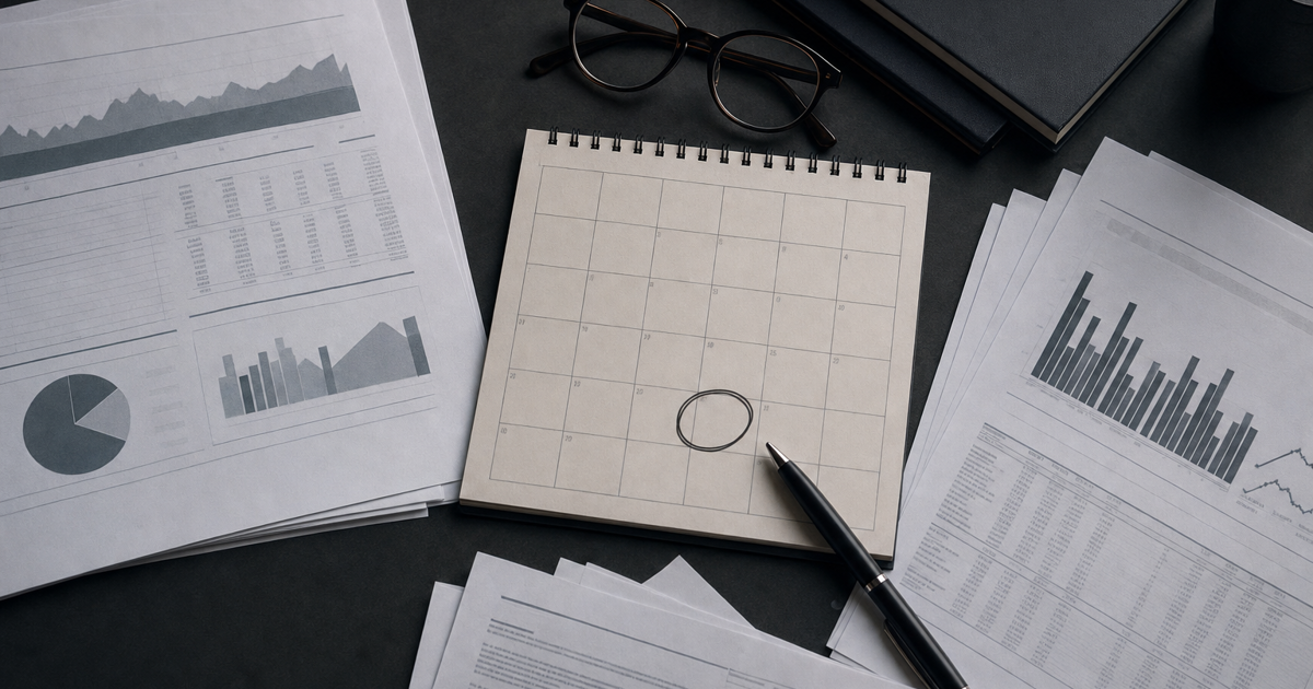 Printed quarterly earnings report beside a calendar with an earnings date circled