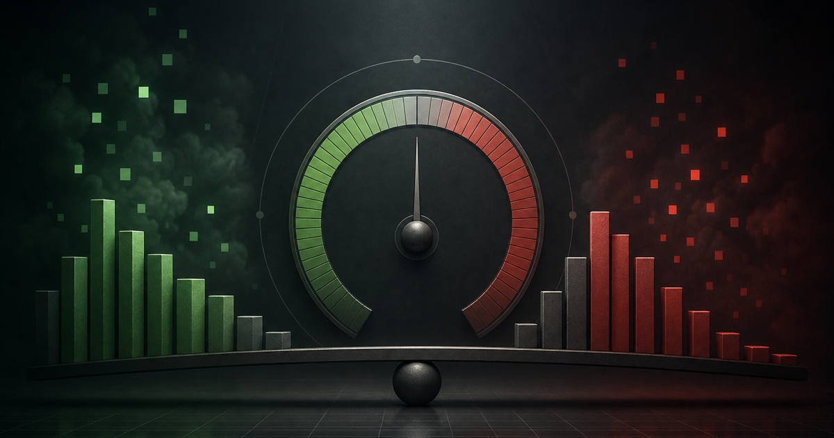 Illustrated market breadth dashboard showing advancing and declining stock groups beside an index chart