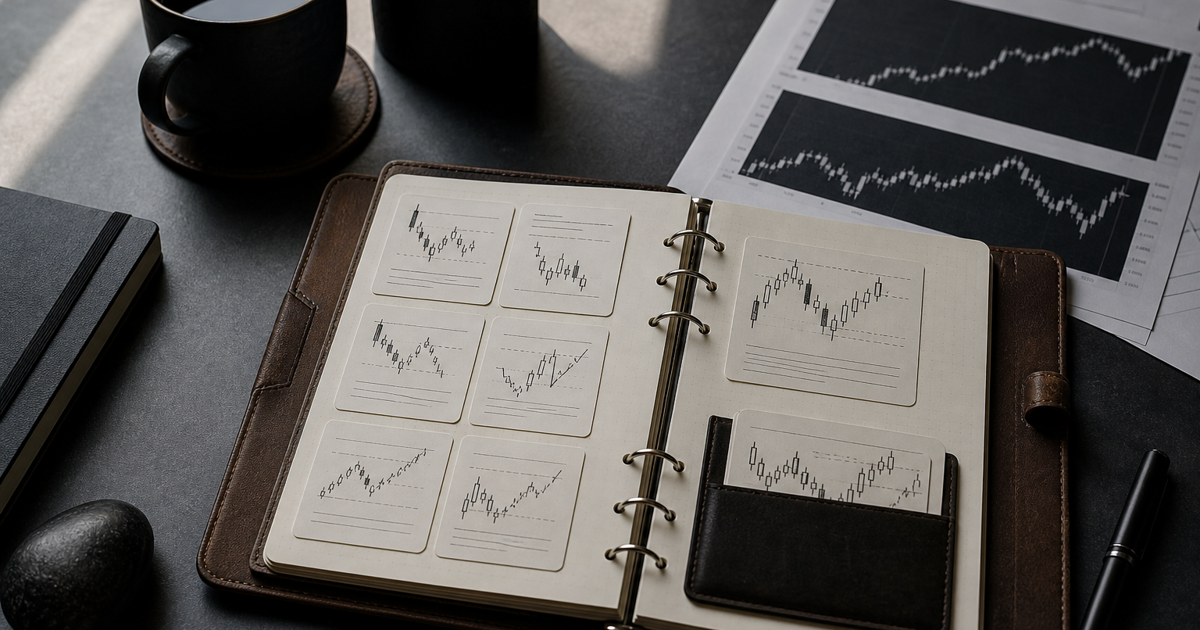 An organized notebook with trading setup notes beside printed price charts.