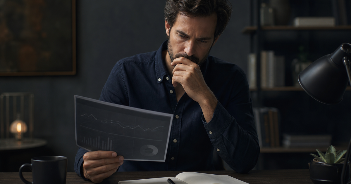 A trader reviews performance notes and anonymized analytics at a desk.