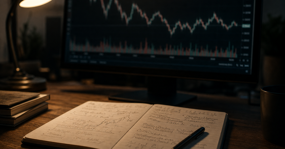 Handwritten trading test notes beside a monitor showing historical market charts