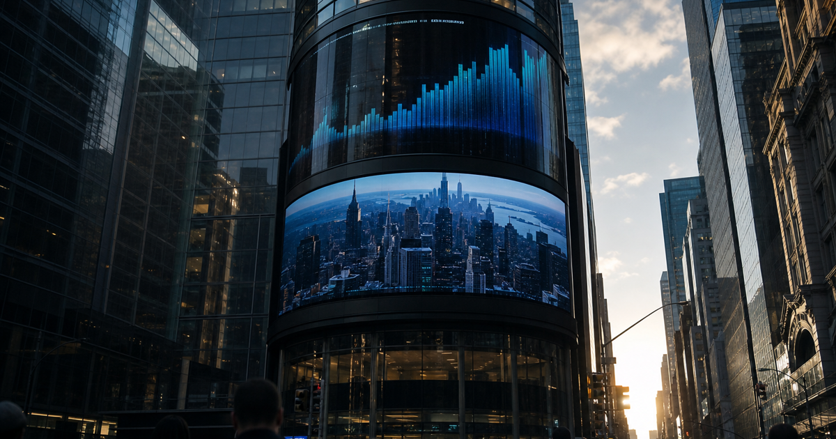 New York market district at morning with an electronic market display and city buildings