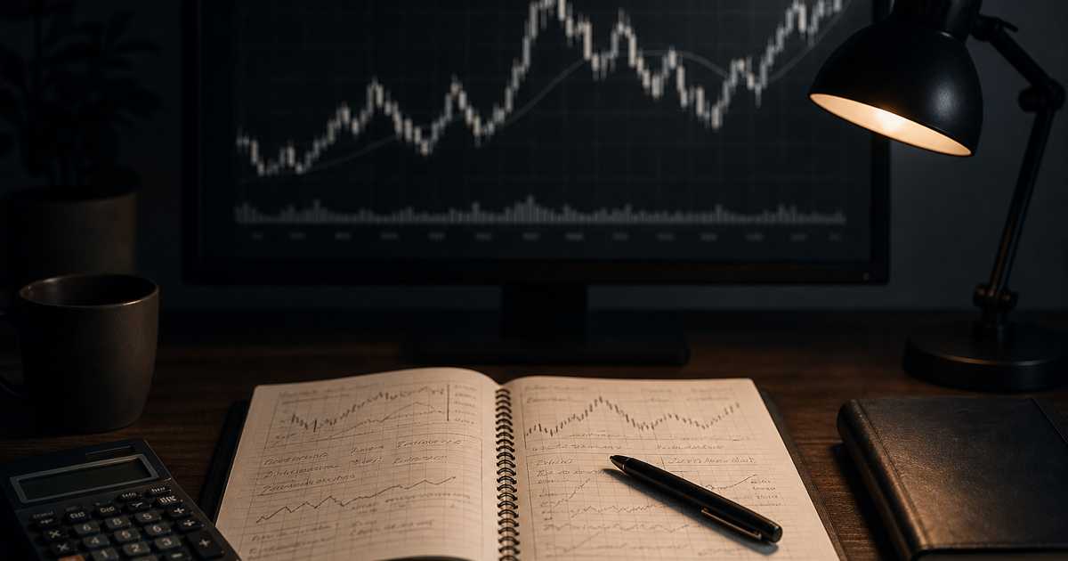 A trading journal worksheet beside a calculator and pen on a desk