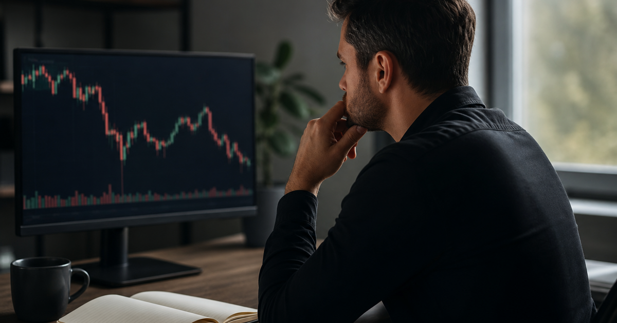 A trader reviewing a market chart on a computer beside a notebook