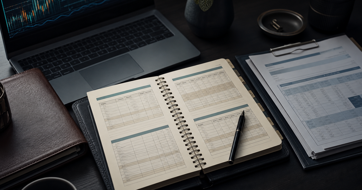 Notebook with an organized stock-split reconciliation worksheet beside a broker statement and laptop.