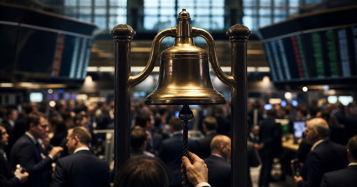 Stock exchange trading floor at the opening bell with market screens in the background
