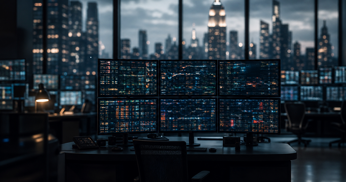 Financial market news screens in a trading office, shown without readable text or logos.