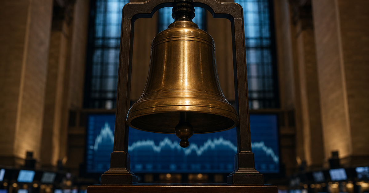 A stock exchange opening bell beside a screen showing an upward price chart.
