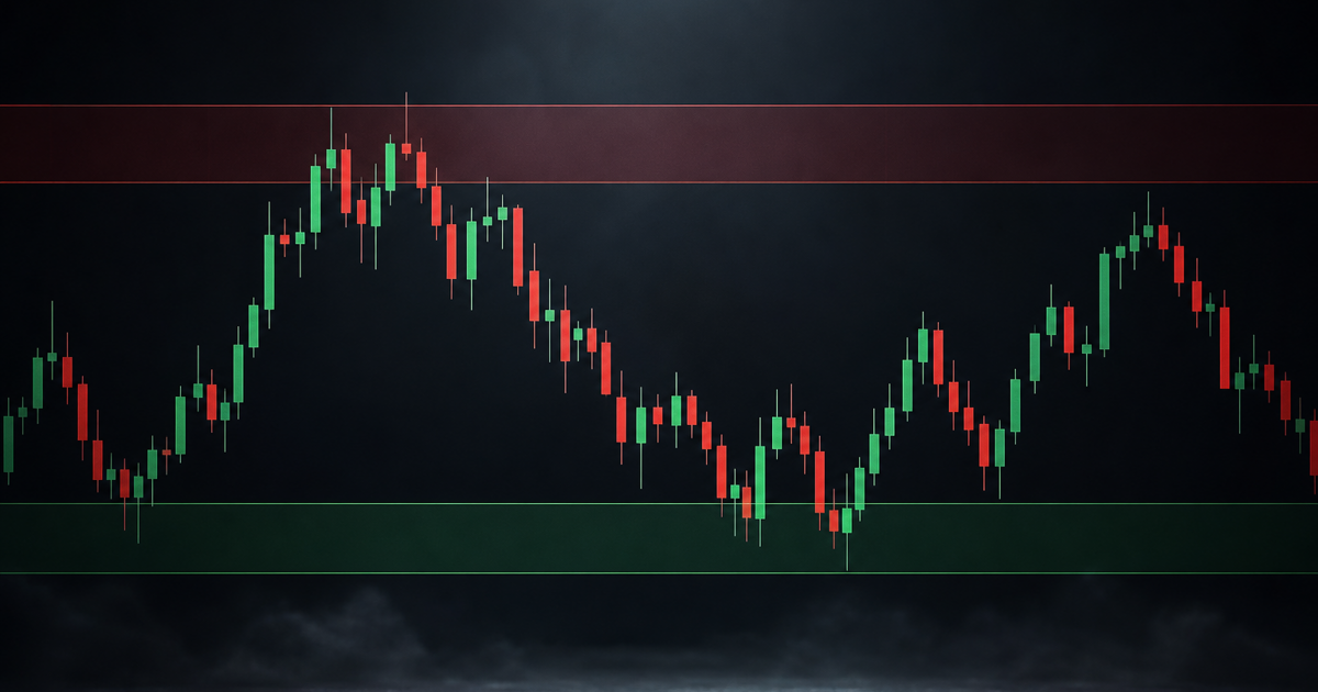 Candlestick chart with horizontal support and resistance zones marked across recent price swings