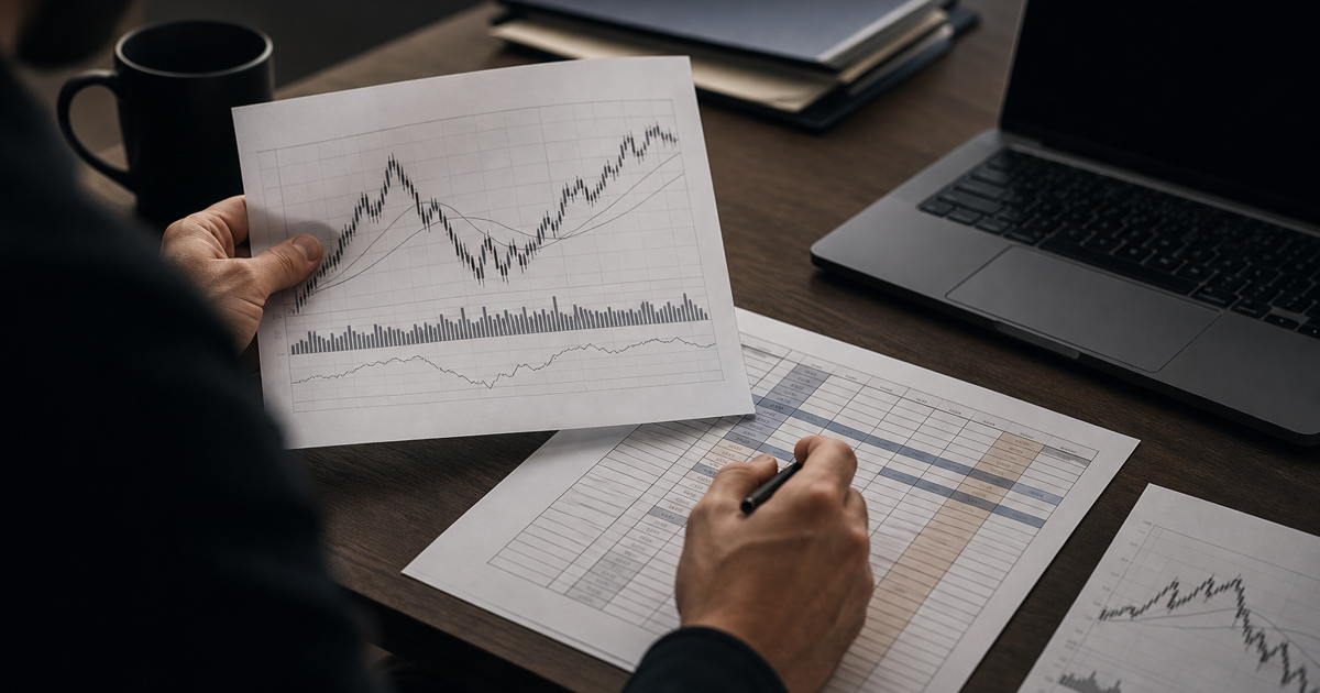 Printed futures price charts beside a handwritten roll-date worksheet and a laptop
