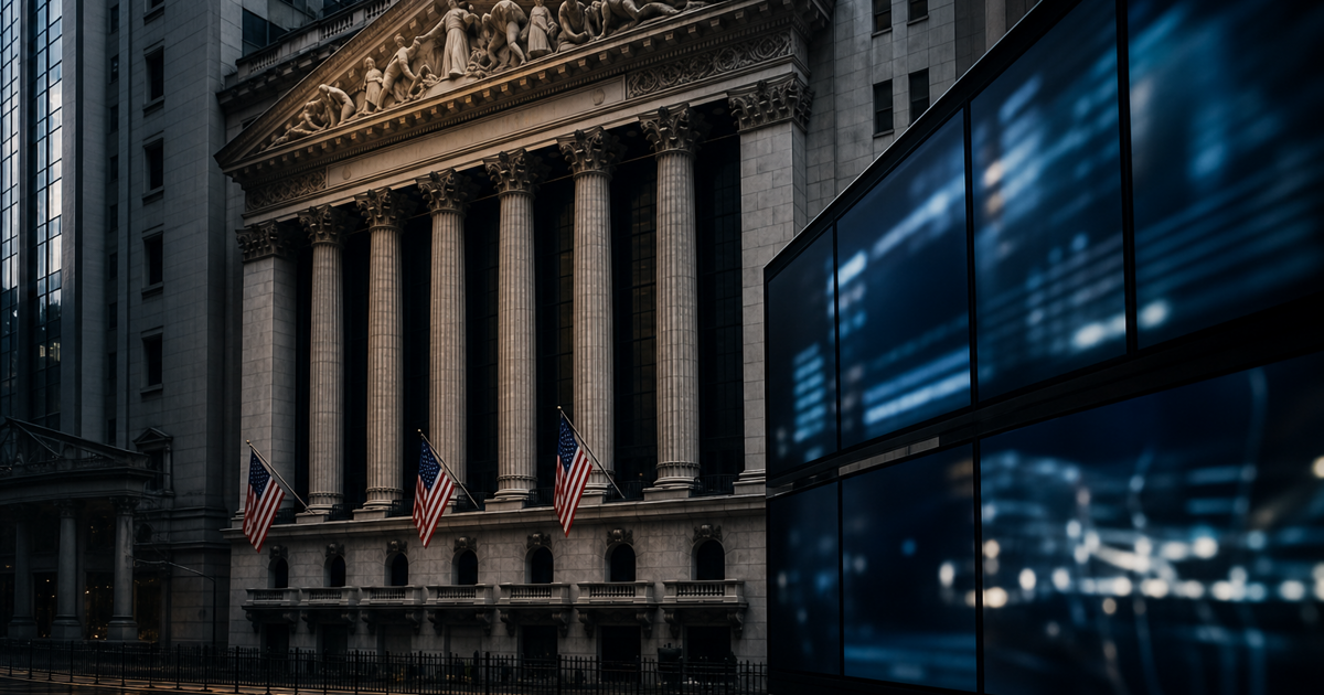 New York Stock Exchange exterior with a generic market news display
