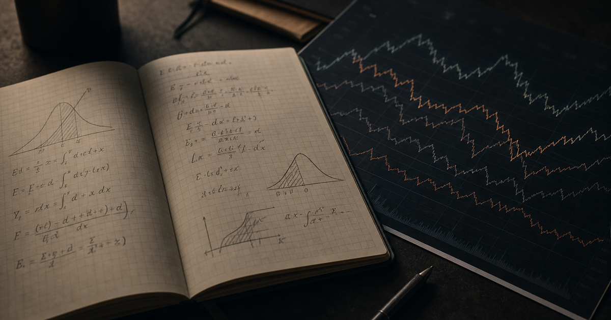 Notebook with handwritten risk calculations beside a financial chart with overlapping lines.