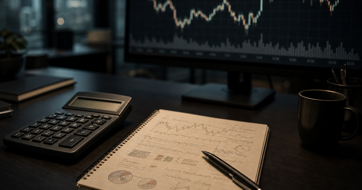 Calculator beside a handwritten futures margin worksheet on a trading desk