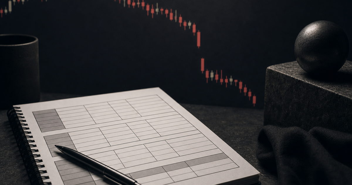 Illustration of a downward price chart with a gap beside a risk-planning worksheet.