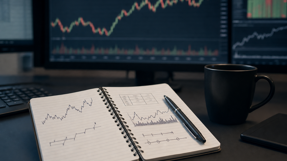 Notebook with handwritten tick size and multiplier calculations beside a monitor showing generic market charts; no identifiable logos.