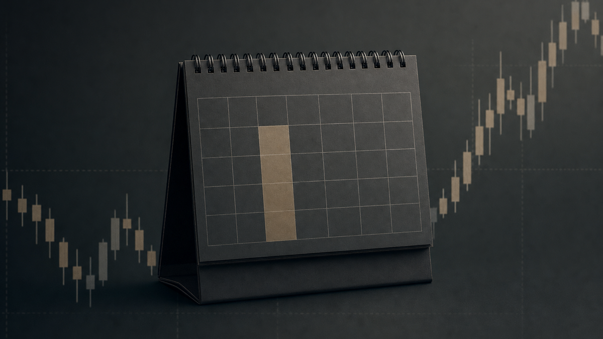 A clean editorial photo of a desk calendar overlaying a candlestick chart of an equity index futures contract, no logos.