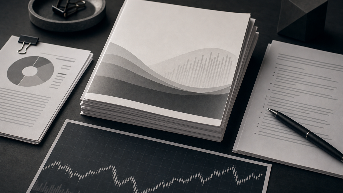 Close-up of printed earnings reports, a conference call agenda, and a stock price chart on a desk