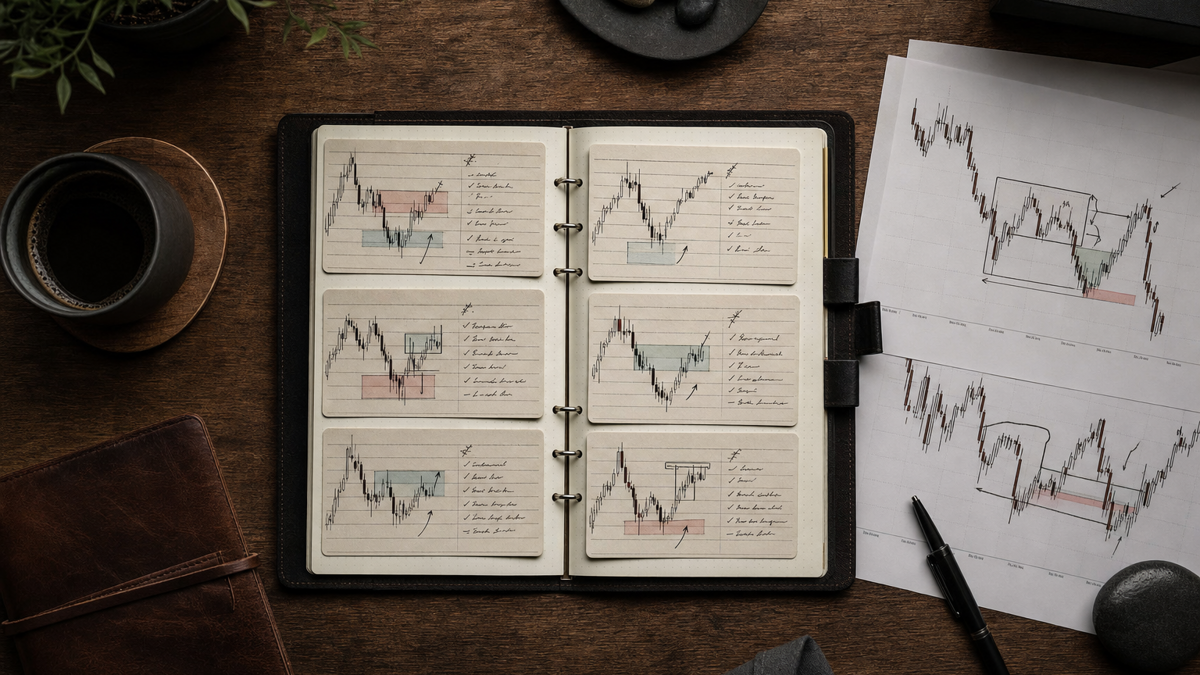 Notebook-style setup cards arranged beside printed candlestick charts on a wooden desk under natural light.