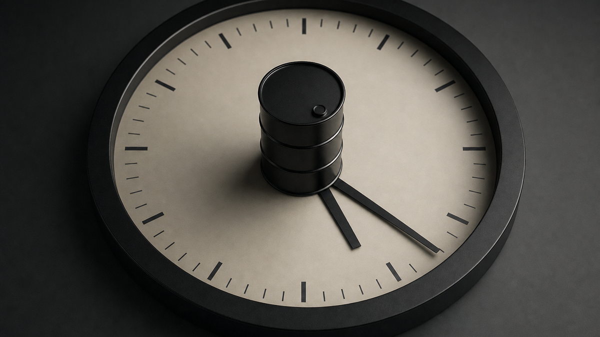 A small black oil barrel placed on a minimalist 24‑hour clock face, hands pointing to overnight hours, soft neutral lighting.