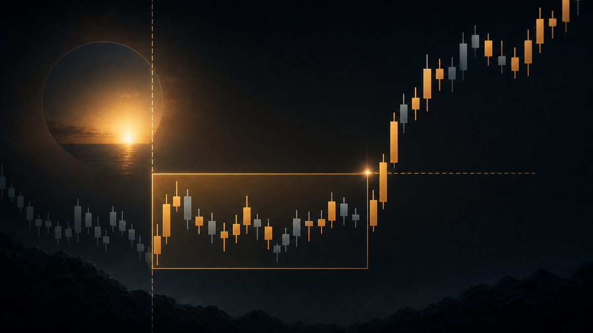Intraday candlestick chart with a highlighted first-15-minute opening range and a price bar breaking out above that range shortly after the open.