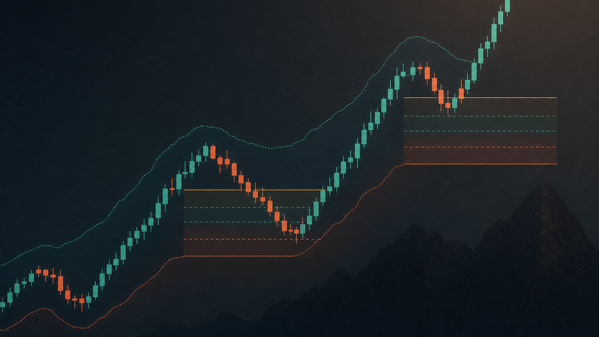 Daily candlestick chart in an uptrend above a 200‑day moving average, with two pullbacks marked at 38.2%–61.8% retracements and ATR‑based stop distances highlighted.